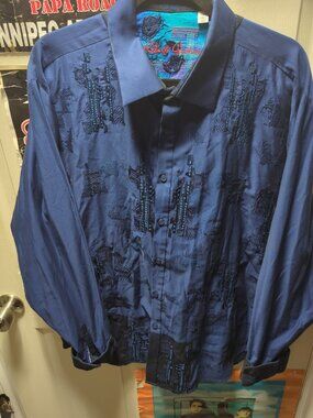 Robert Graham Blue Button Flip Cuff Dress Shirt Men 2XL Skull Flower Embroidered